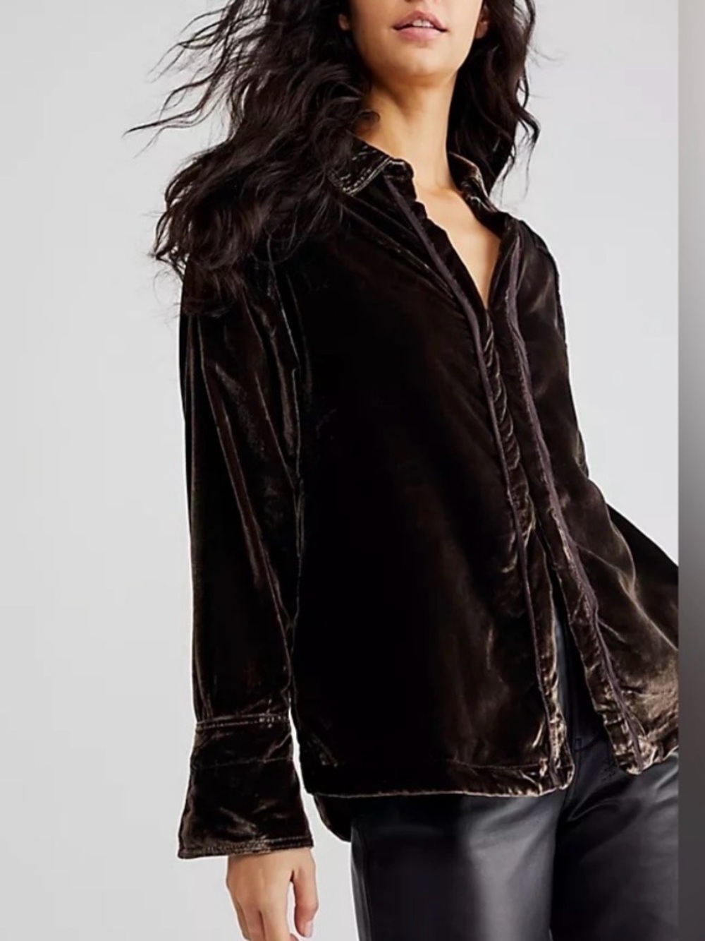 Free People We The Free Marianne Chocolate Brown Velvet Collared Top Size S